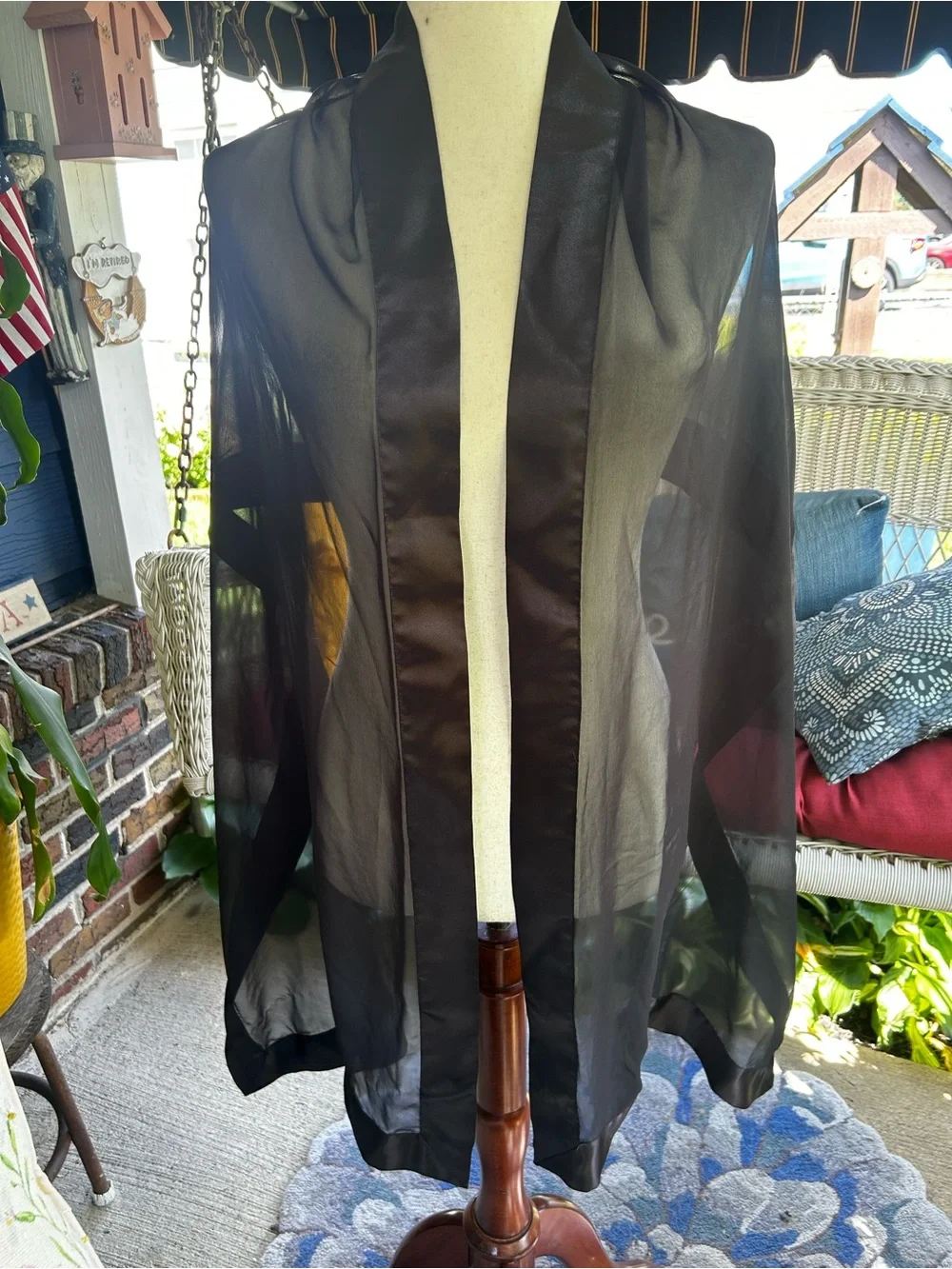 Sheer Black Satin-Trim Scarf Wrap